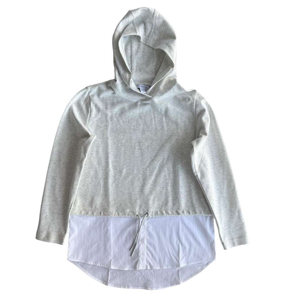 Athleta Womens M Lgt Heather Gray Gallery Hoodie Drawstring Waist Shirt Tail Hem